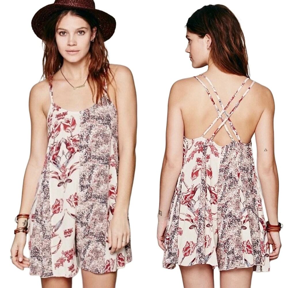 Free People Isabella Floral Mixed Print Romper Size S Side Lace Up Boho Festival